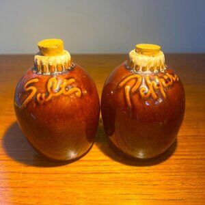 VINTAGE HULL POTTERY Little Brown Jug Salt & Pepper 4, tall brown drip glaze